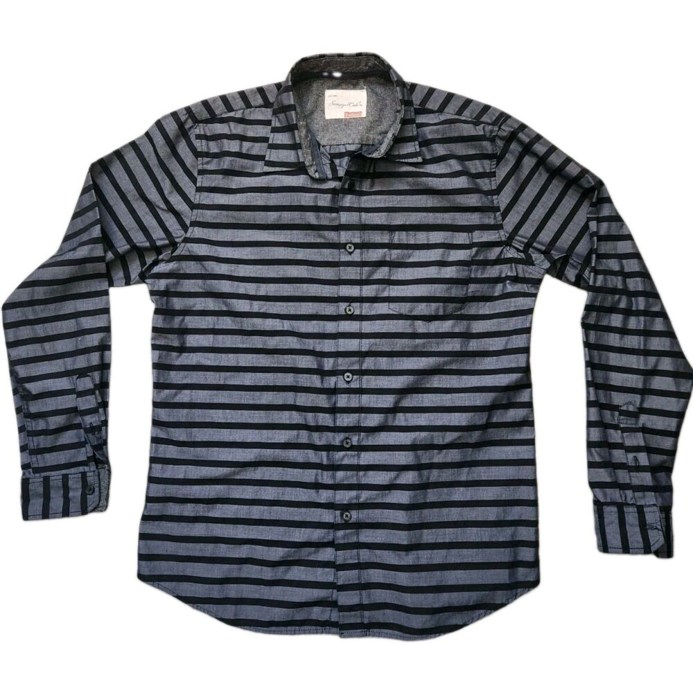 Sovereign Code Gray Black Stripe Button Up Shirt Long Sleeve Collared Mens M EUC